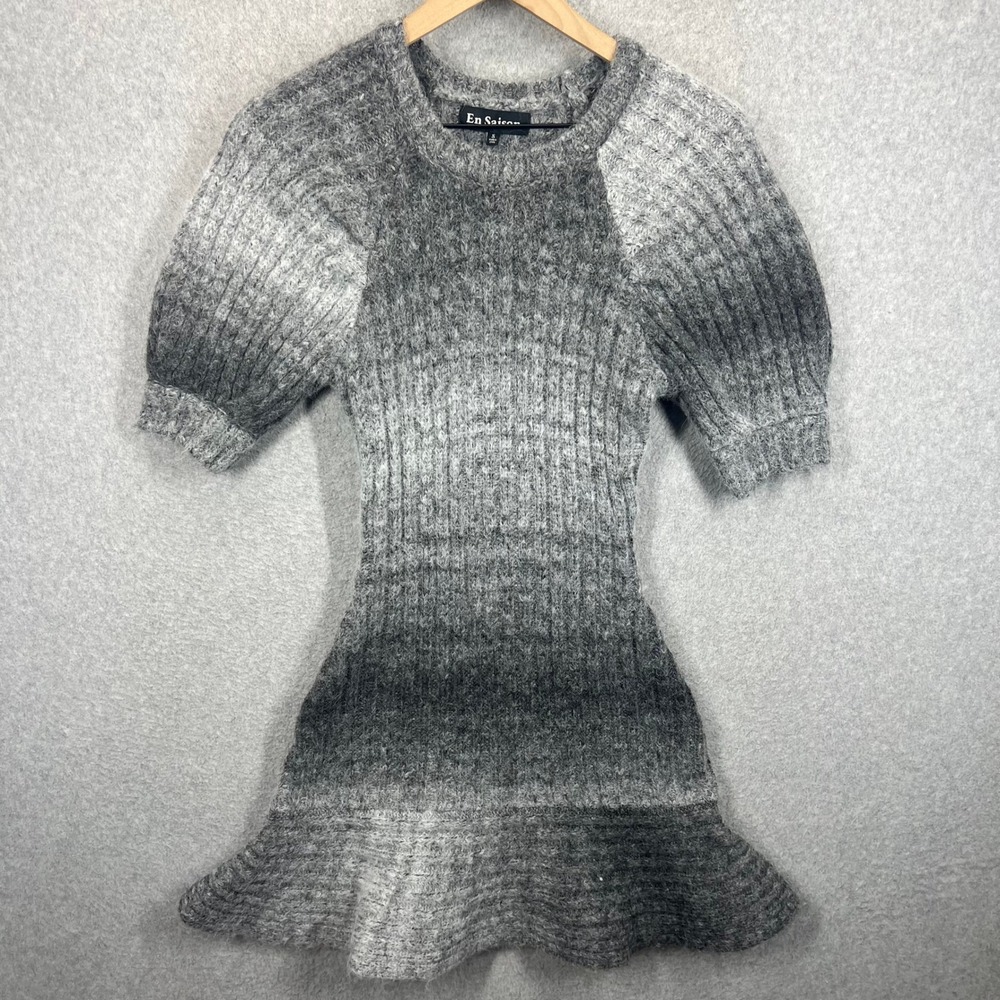 En Saison Ombre Knit Mini Dress Womens S Grey Short Puff Sleeve Ruffle Hem EUC